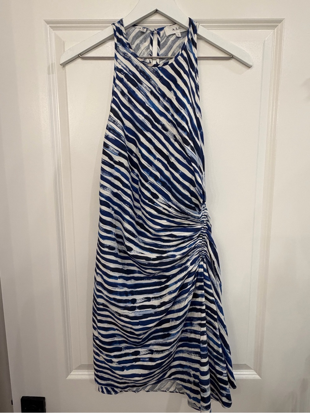 A.L.C. Blue & White One-Shoulder Zebra-Stripe Dress